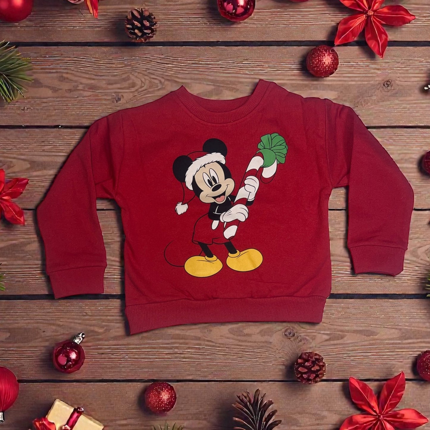Red children's Christmas sweatshirt with cartoon mouse, festive holiday decor, Aatiyas Fashion