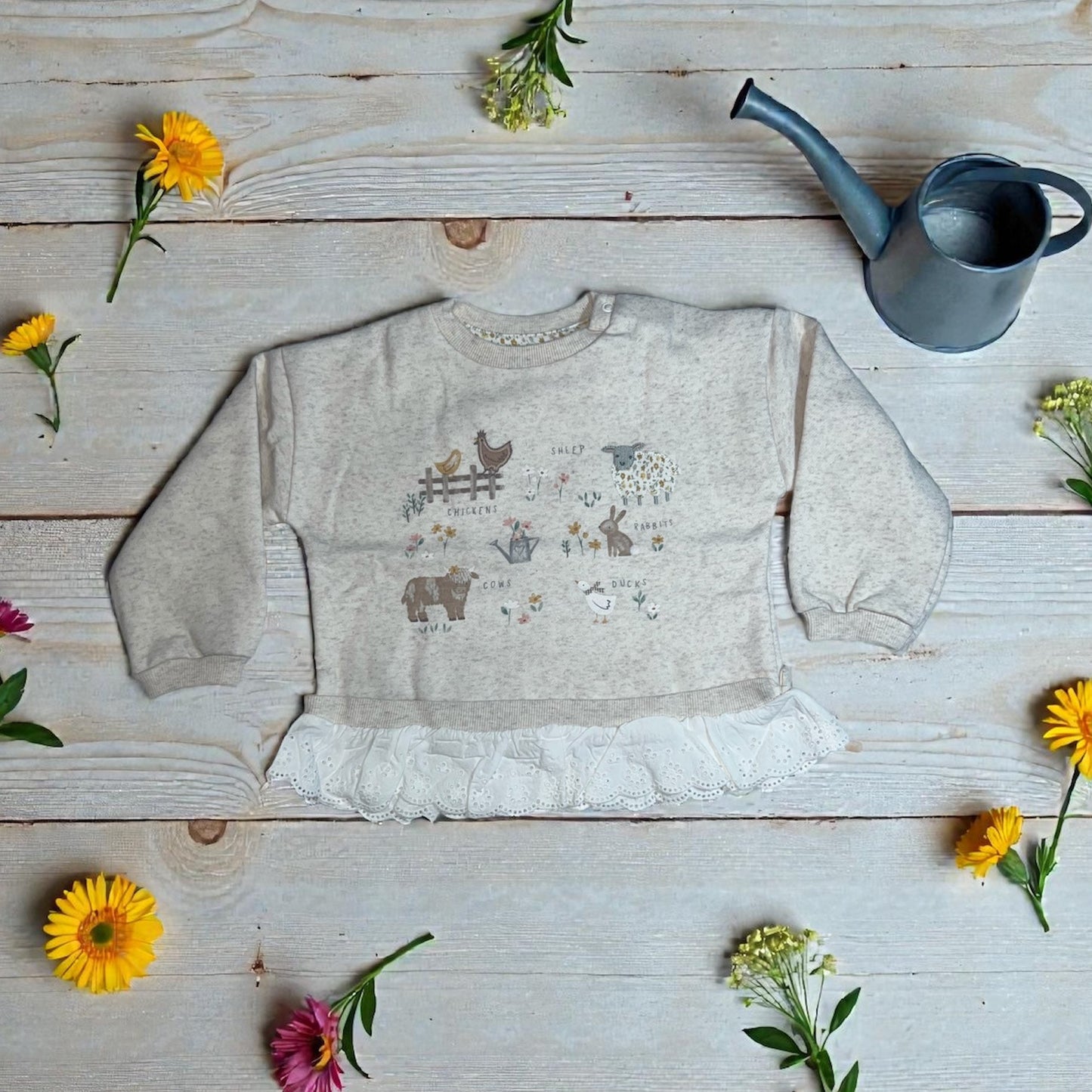 Aatiyas Fashion organic cotton kids' sweater with farm animal print, lace trim, flowers, and watering can.