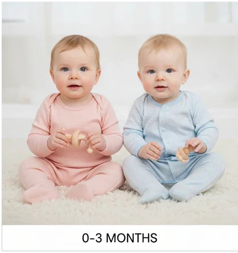 Two babies in soft organic cotton sleepwear, one pink and one blue, on a white carpet, 0-3 months