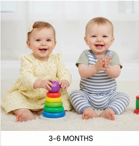 Smiling babies in soft Aatiyas Fashion clothes, 3-6 months, playing on a plush rug