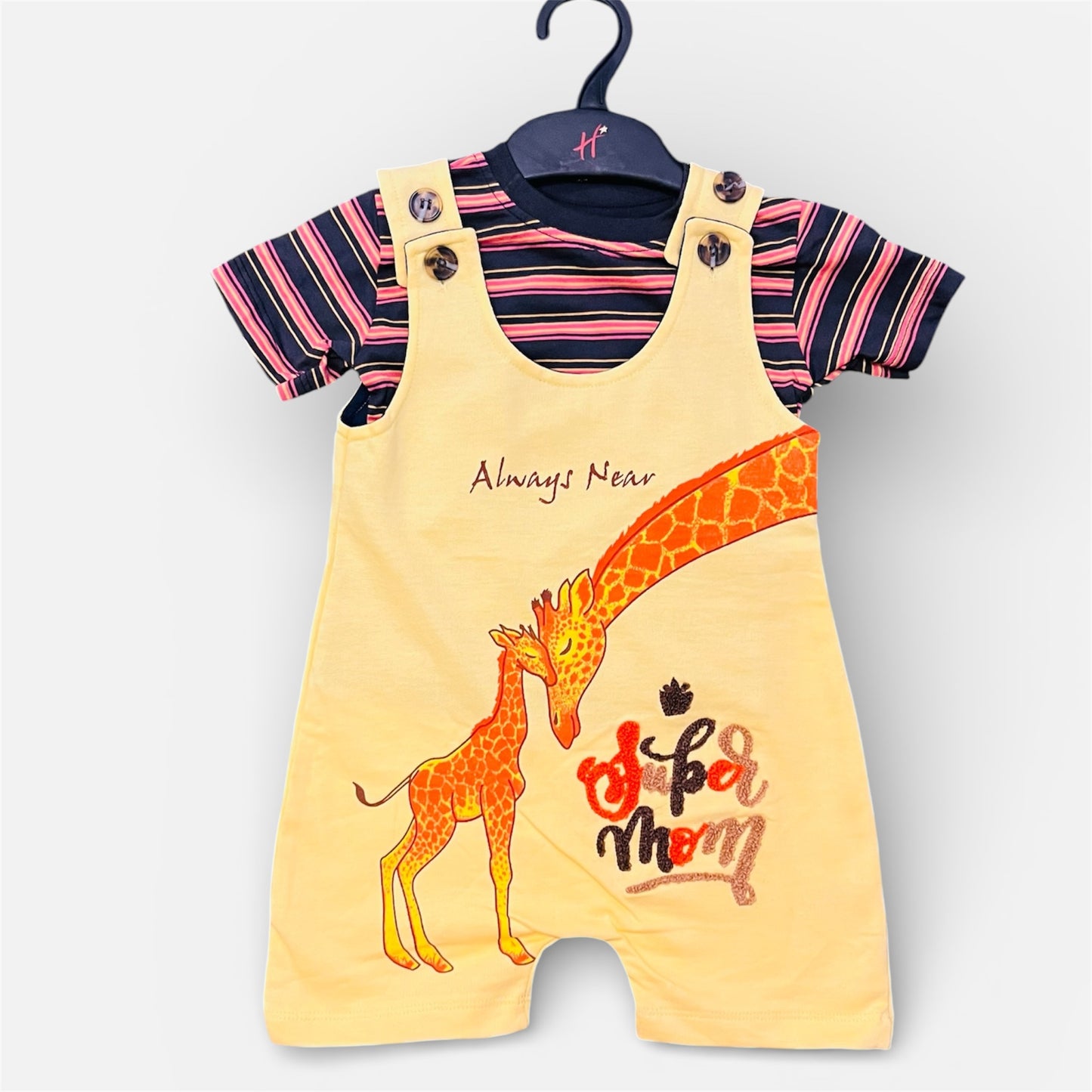 NEXT "Always Near" Giraffe Dungaree & Striped T-Shirt Set
