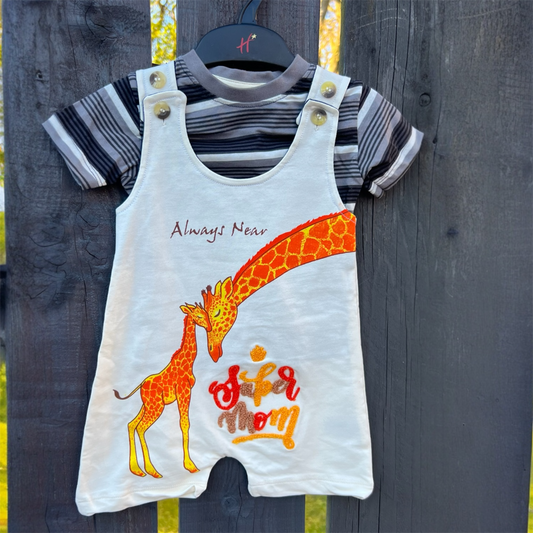 NEXT "Always Near" Giraffe Dungaree & Striped T-Shirt Set